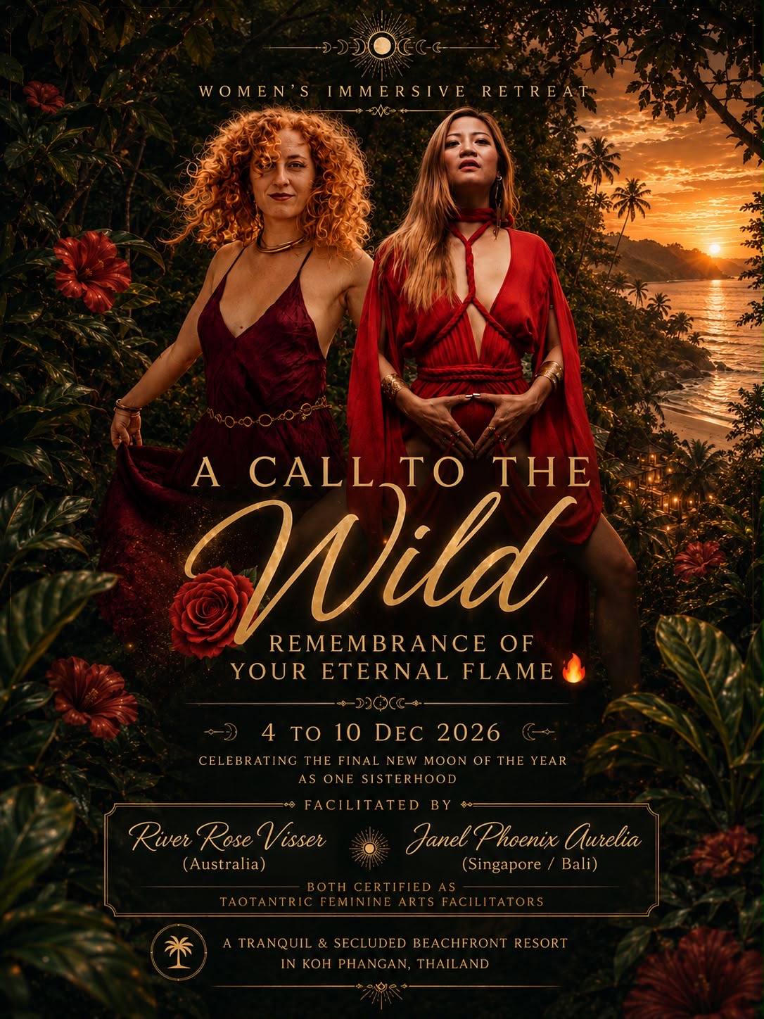 A Call to the Wild retreat poster — two women in flowing red dresses at a tropical sunset