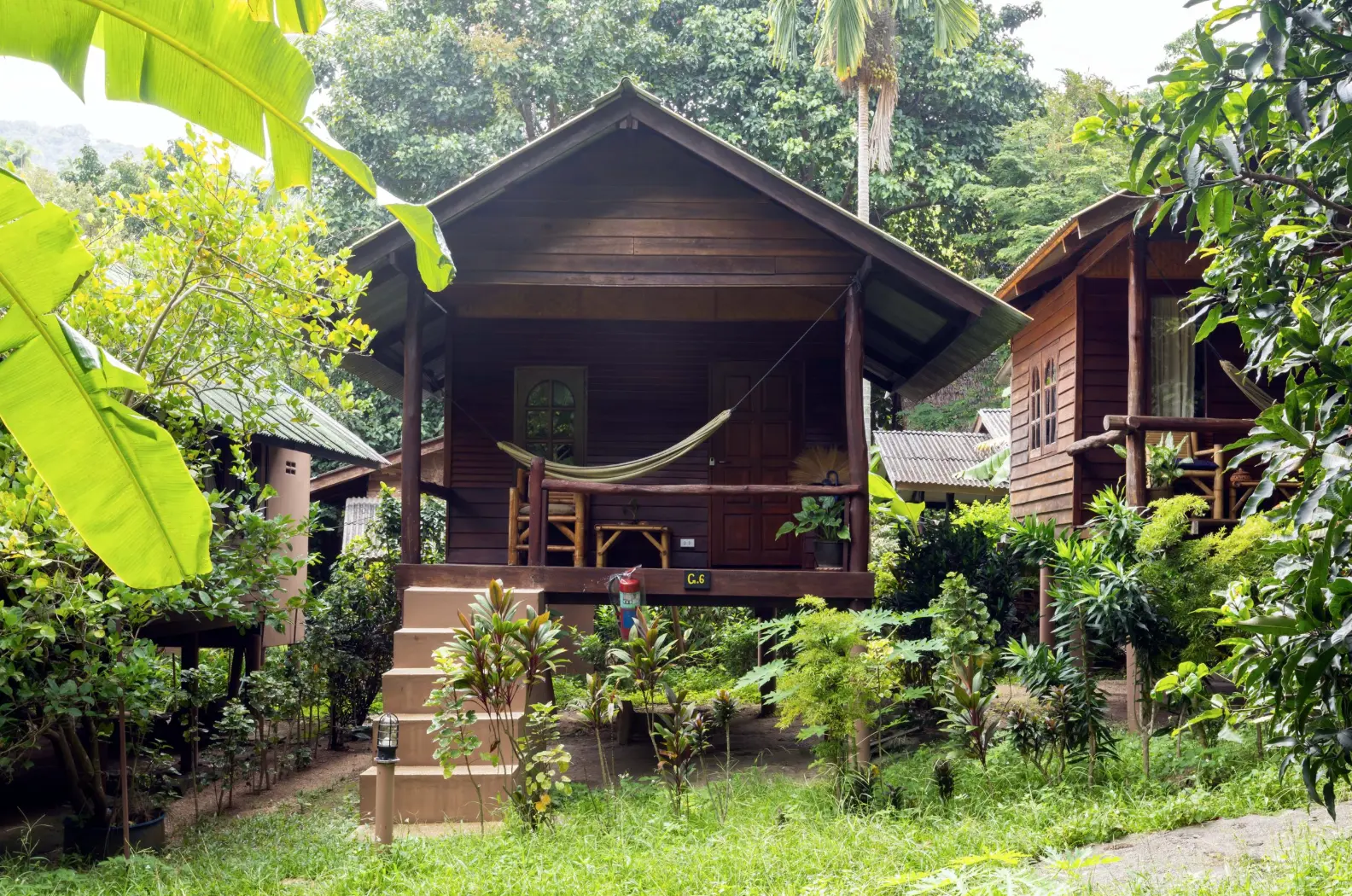 Traditional wooden cabin with hammock on the porch surrounded by lush garden