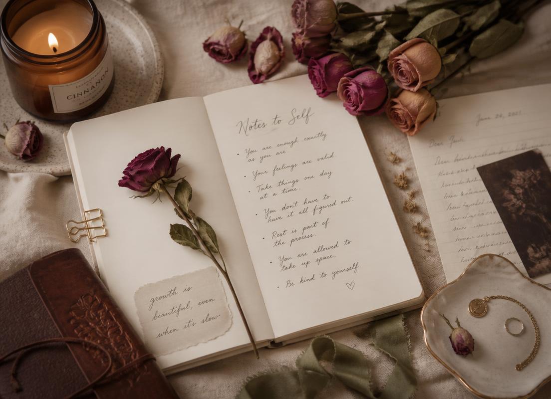 Journal, dried roses and a candle for a feminine self-reflection ritual